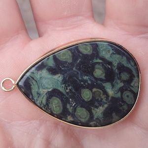 New Gold Wrapped Kambaba Jasper Teardrop Unisex Pendant.